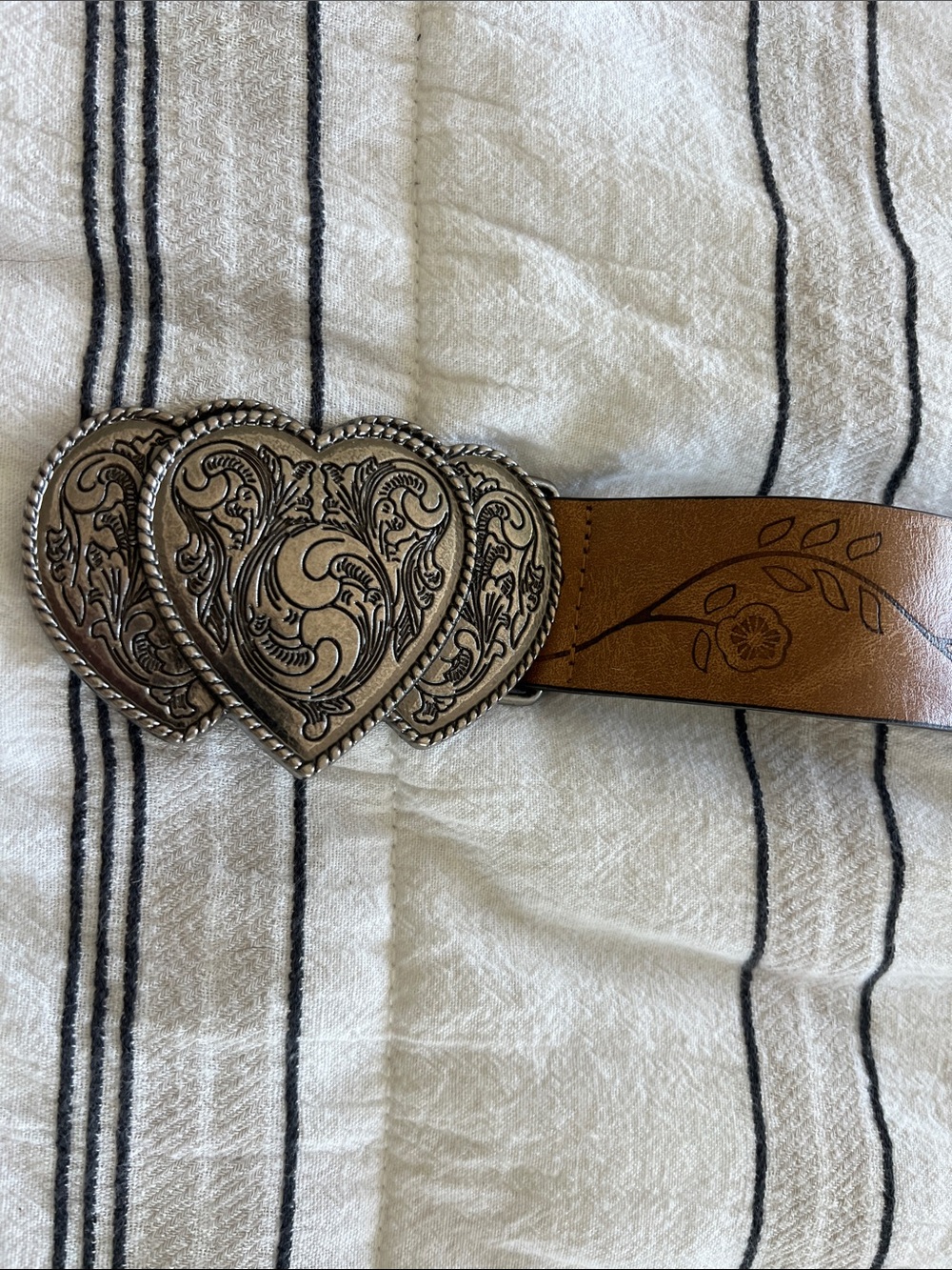 SHEIN Brown Leather Belt with Triple Silver Heart Buckles